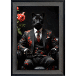 Black Panther in floral suit - Framed Animal Wall Art