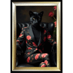 Black Pantheress in floral suit - Framed Animal Wall Art