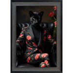 Black Pantheress in floral suit - Framed Animal Wall Art