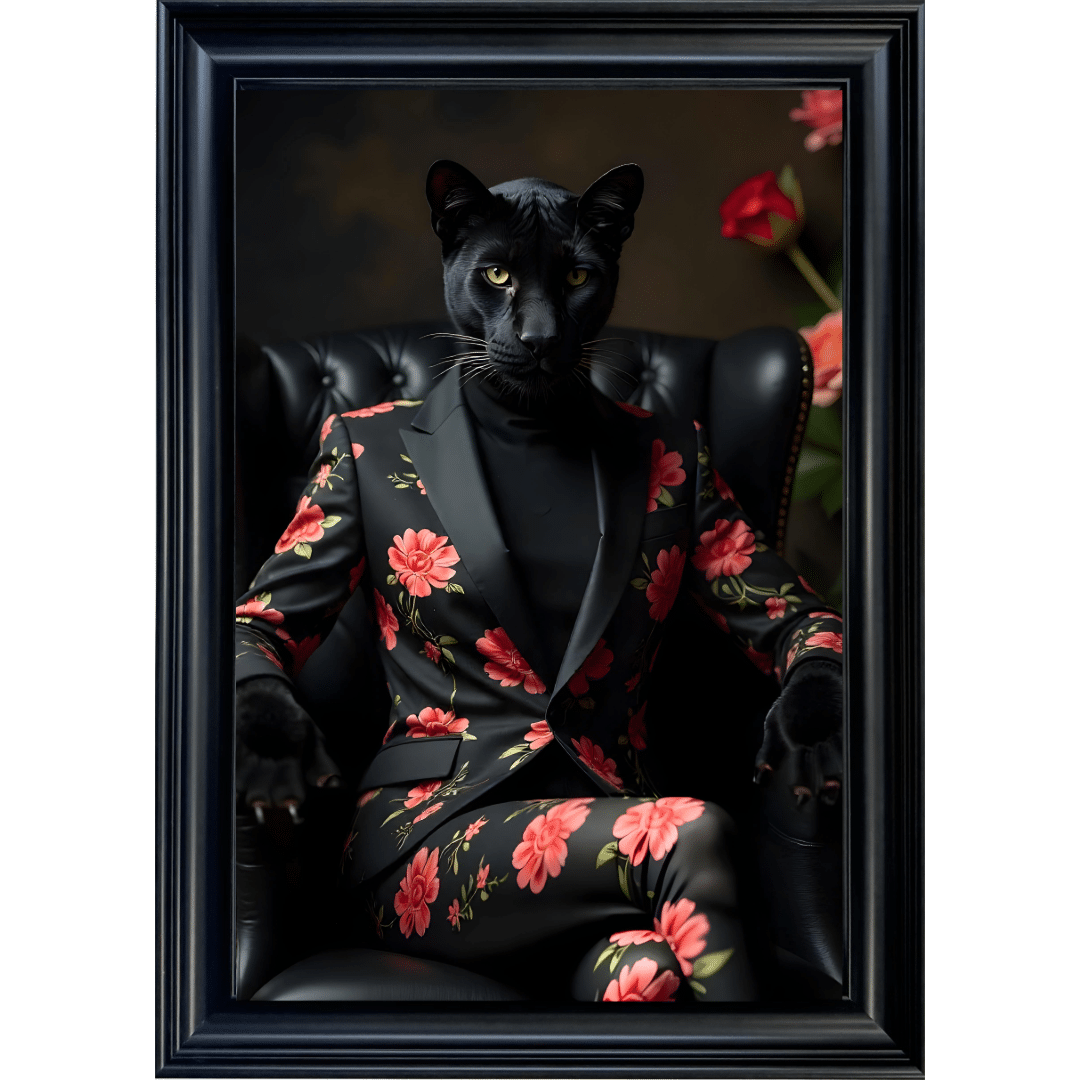 Untitled - 2025-08-06T174539.852 Black Pantheress in floral suit - Framed Animal Wall Art