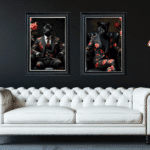 Black Panther in floral suit - Framed Animal Wall Art