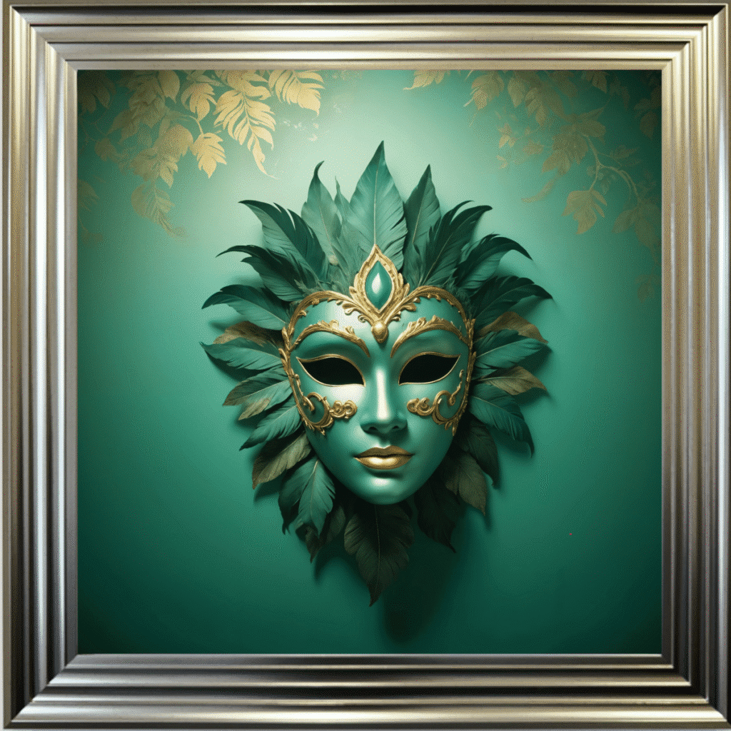 Venetian Mask in Green and Gold - Framed wall art