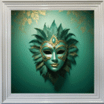 Venetian Mask in Green and Gold - Framed wall art