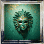 Venetian Mask in Green and Gold - Framed wall art