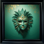 Venetian Mask in Green and Gold - Framed wall art