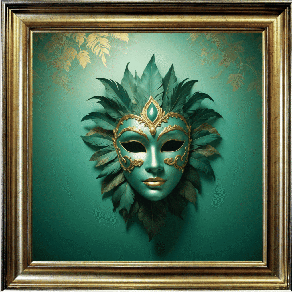 Venetian Mask in Green and Gold - Framed wall art