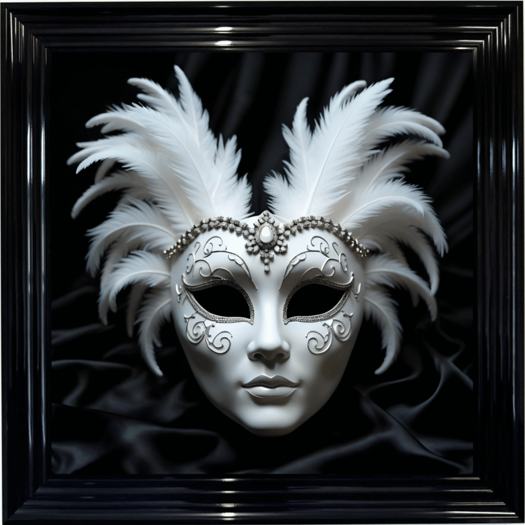 Venetian Mask White on Black - Framed wall art