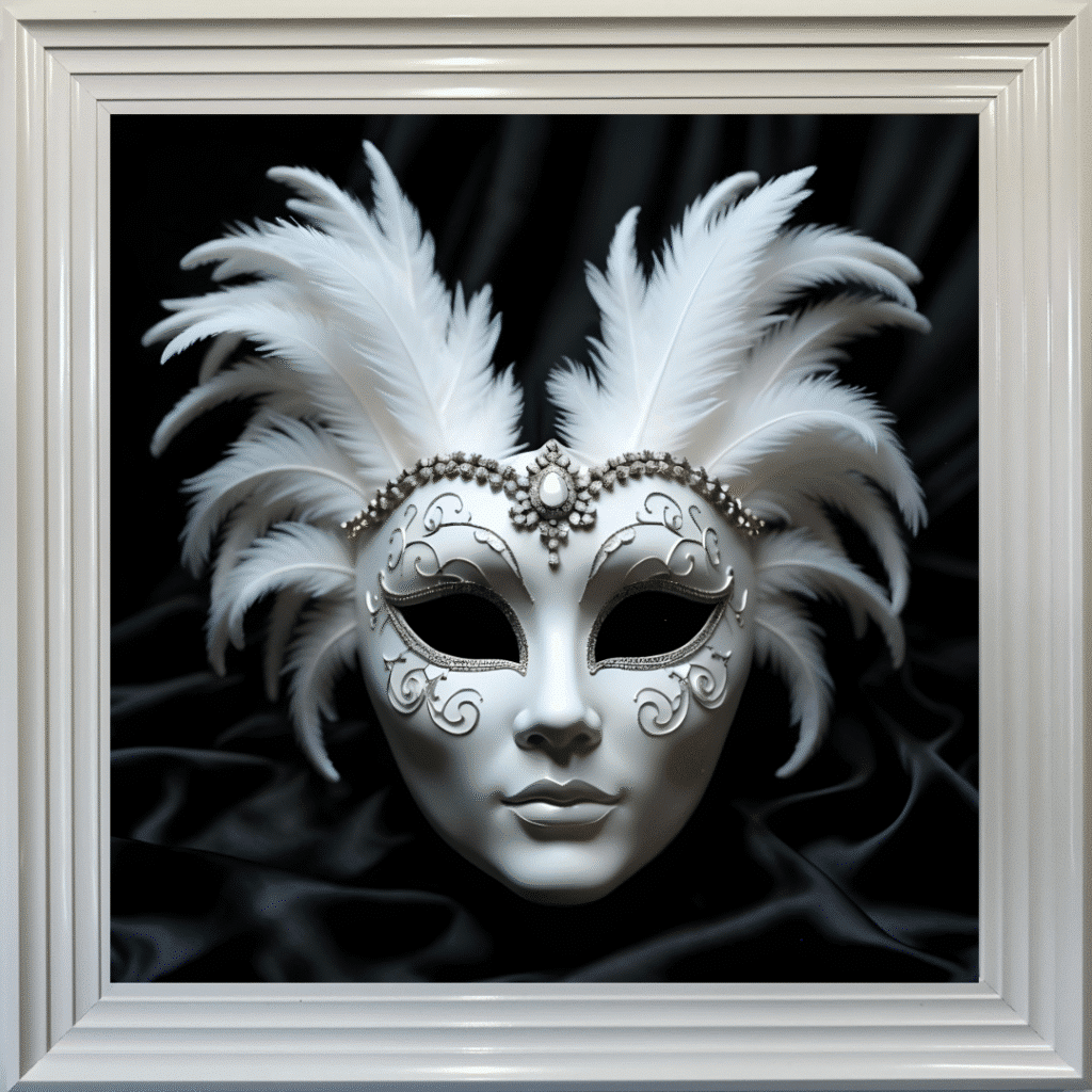 Venetian Mask White on Black - Framed wall art