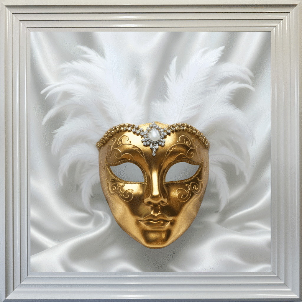 Venetian Mask Gold on White - Framed wall art