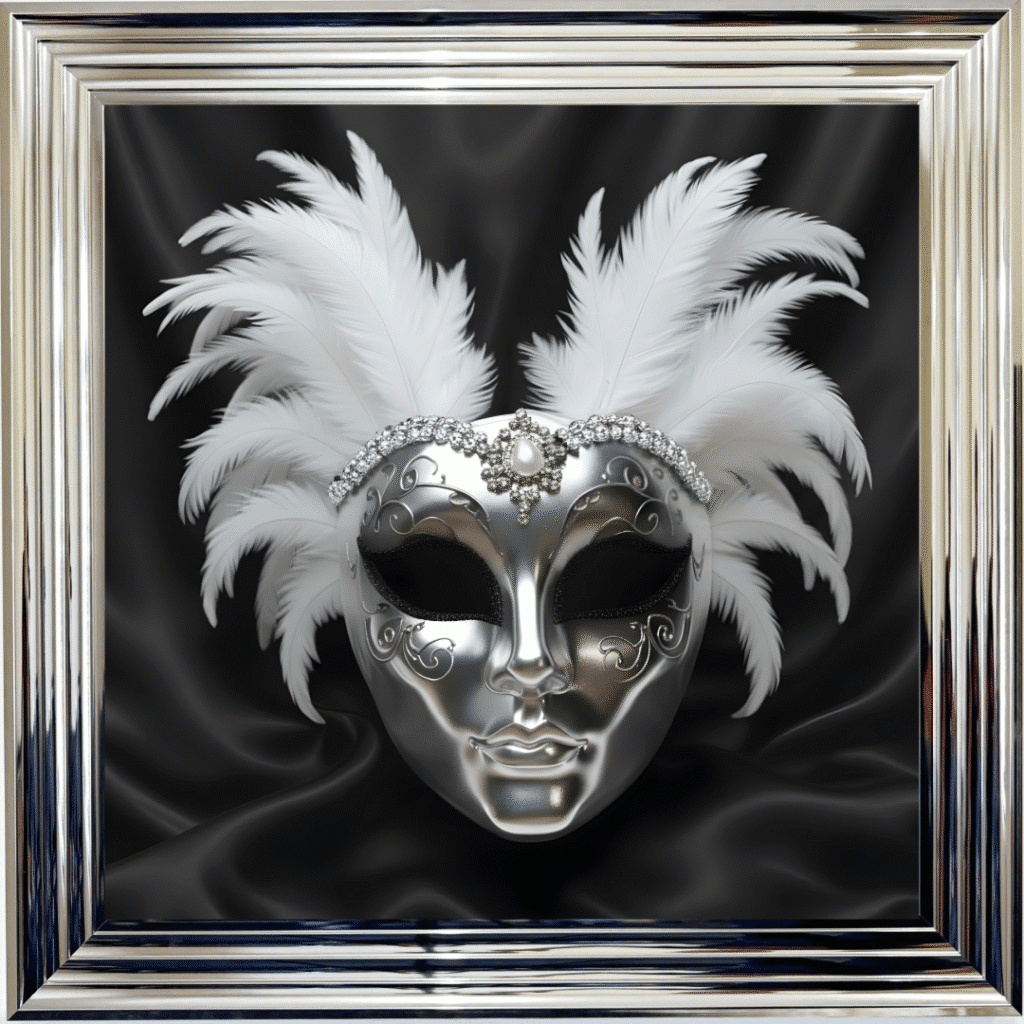 Venetian Mask Silver on Black - Framed wall art