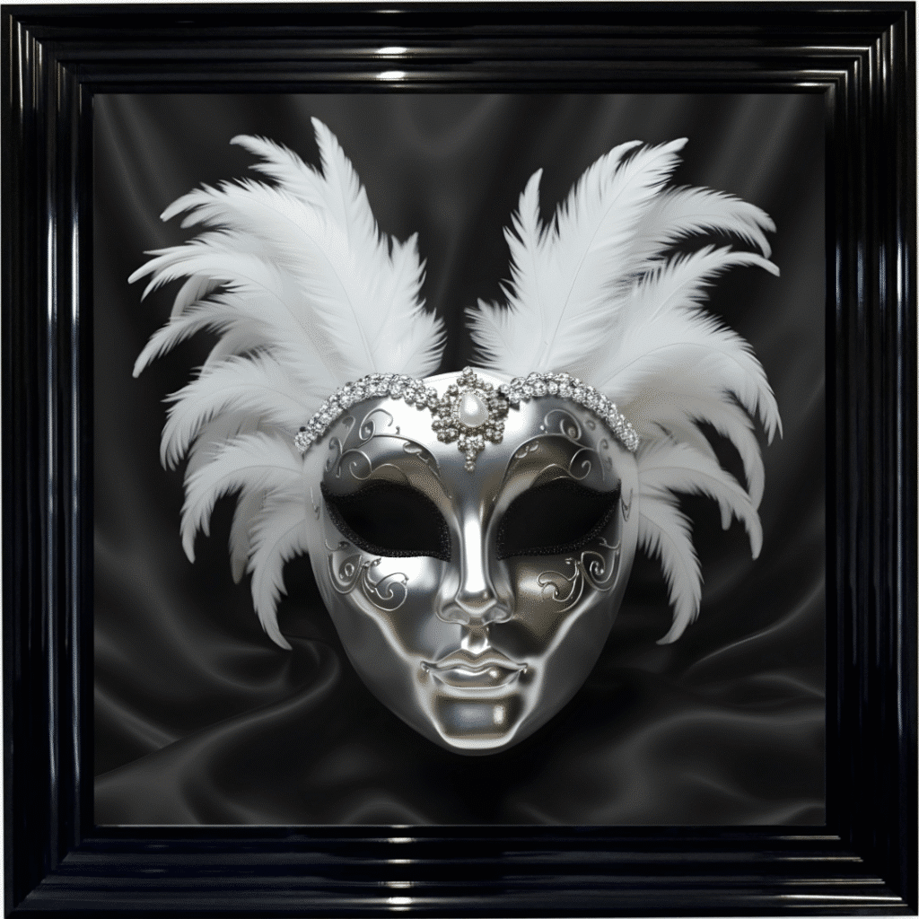 Venetian Mask Silver on Black - Framed wall art