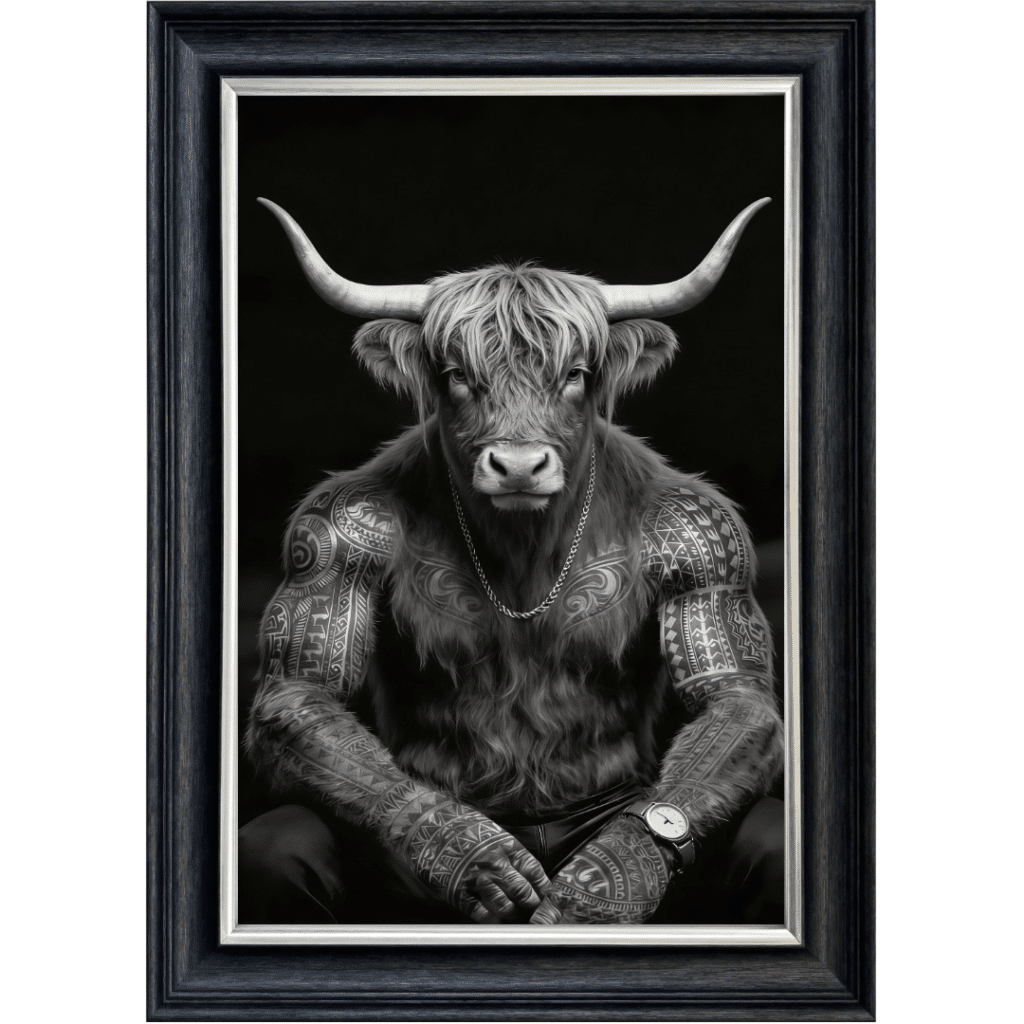 Tattooed Mafia Highland Cow Boss - Framed Animal Wall Art