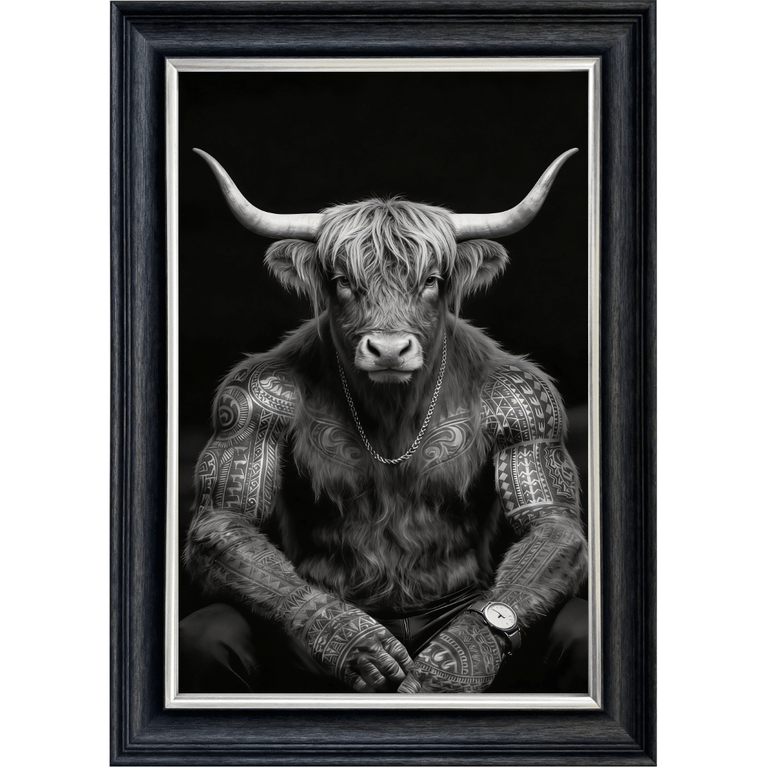 Untitled (17) Tattooed Mafia Highland Cow Boss - Framed Animal Wall Art