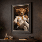 highland cow in white floral suit wall art