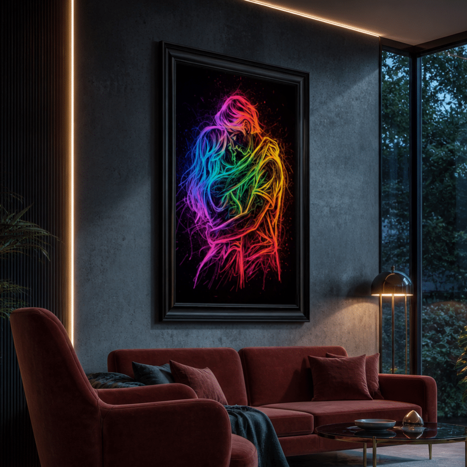 Ignited Embrace – Neon Abstract Couple Wall Art