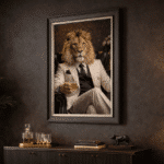 lion in white floral suit wall art