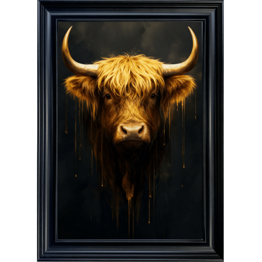 Black and Gold Highland Cow framed wall art