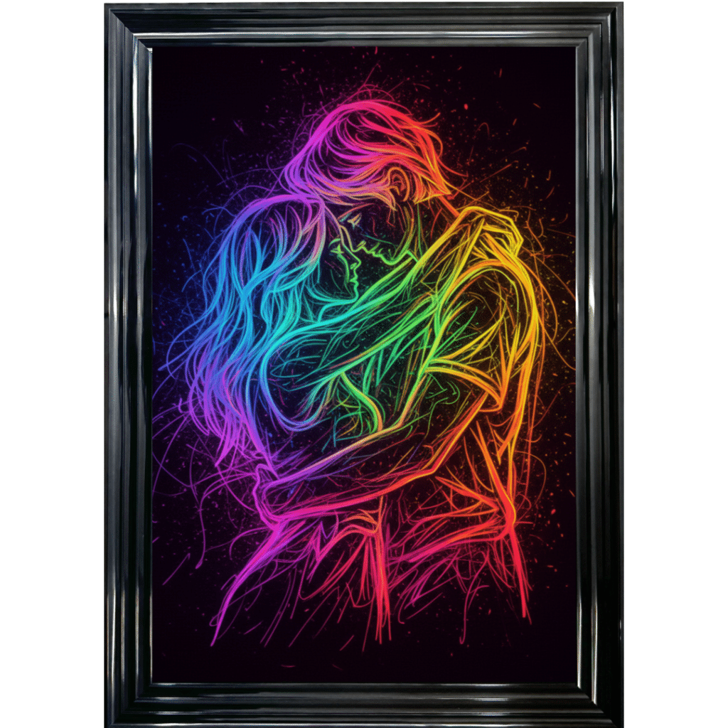 Ignited Embrace – Neon Abstract Couple Wall Art