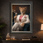 female lioness in white floral suit wall art