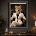 female fox in white floral suit wall art