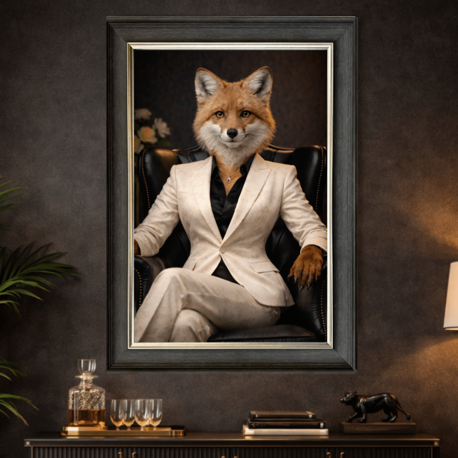 female fox in white floral suit wall art
