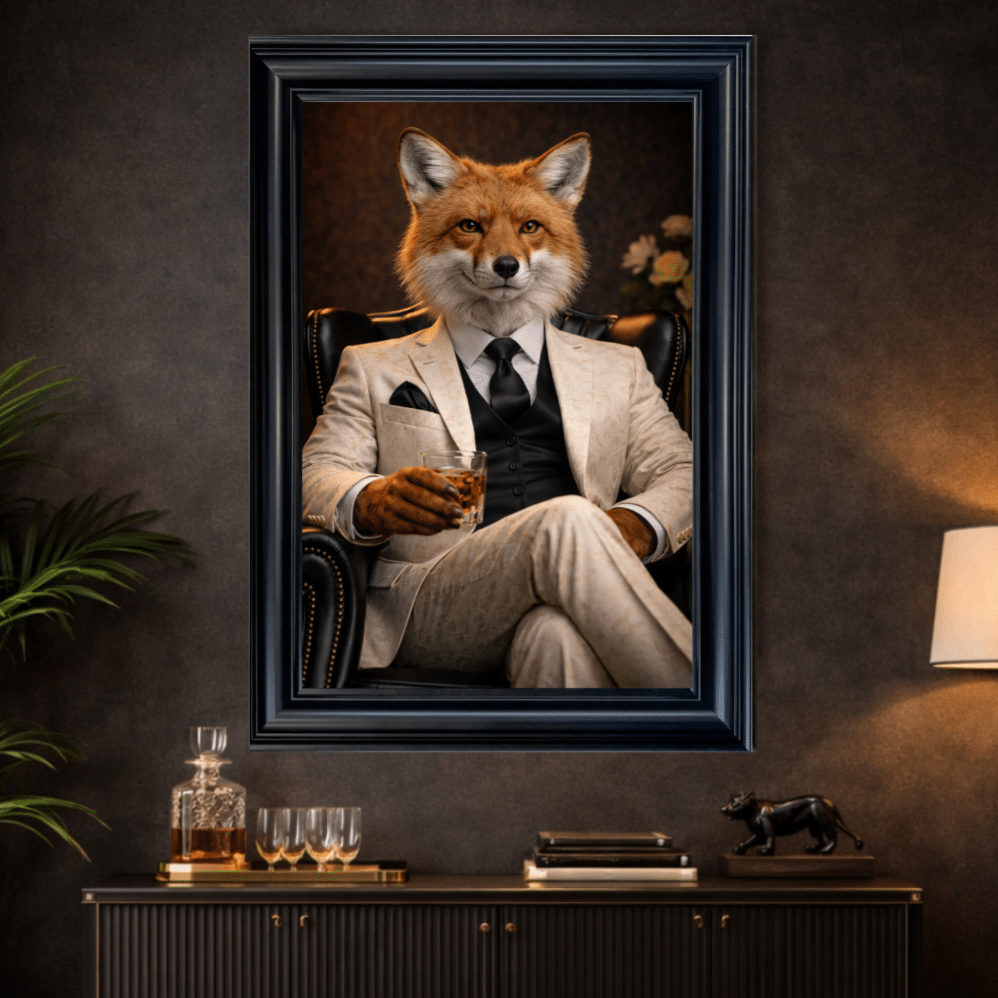 fox in white floral suit wall art with whisky