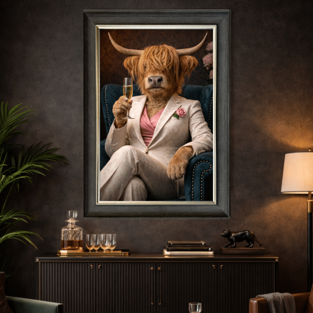 highland cow in white floral suit wall art with champagne