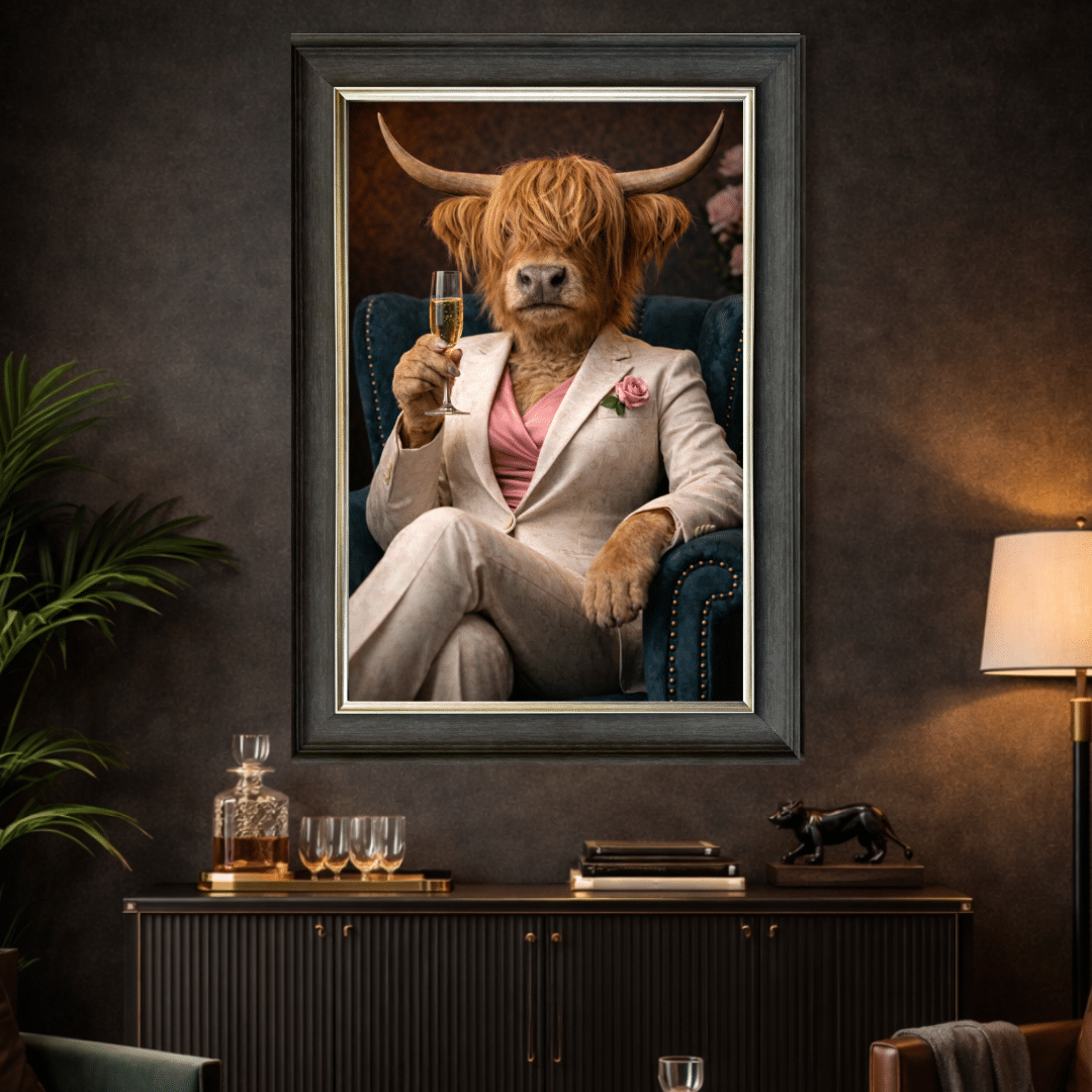 highland cow in white floral suit wall art with champagne highland cow in white floral suit wall art with champagne