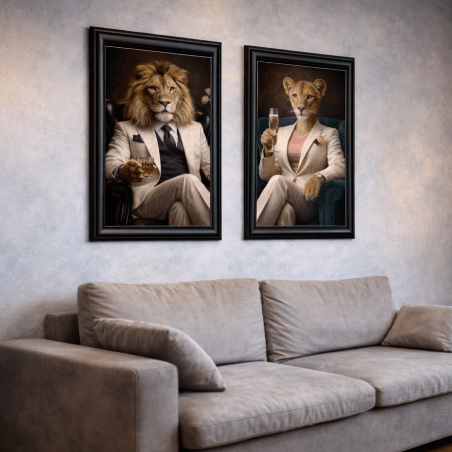 Elegant Lions in White Floral Suits Wall Art