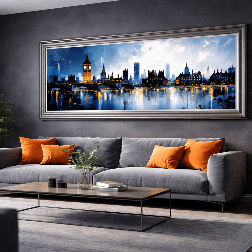 Extra large framed wall art above sofa in modern living room