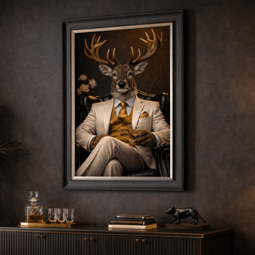 stag in white floral suit wall art with whisky