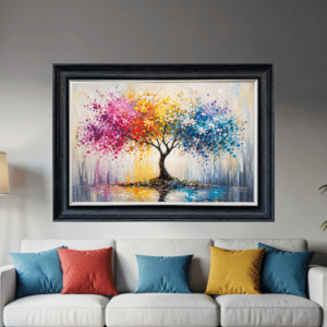 colourful abstract tree painting above sofa living room decor