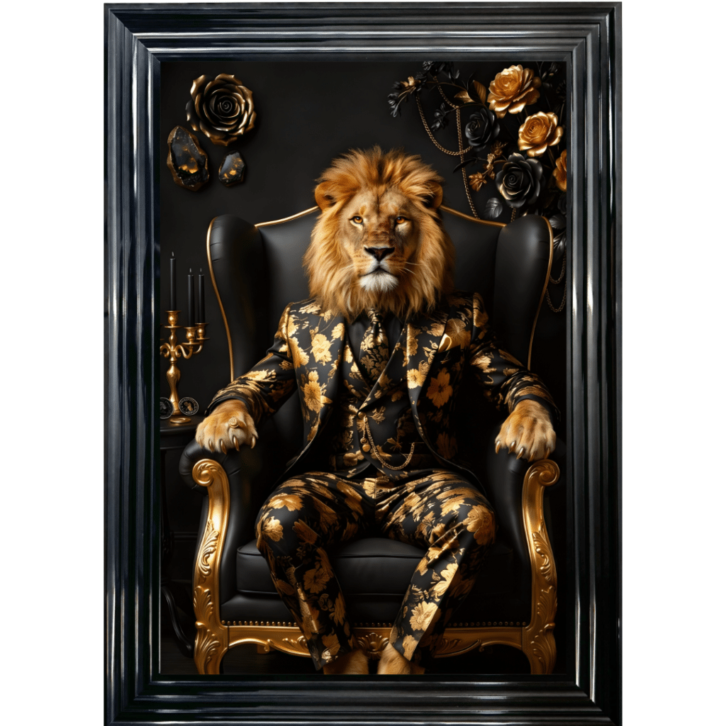 Lion in Black and Gold floral suit - Luxury Framed Animal Wall Art