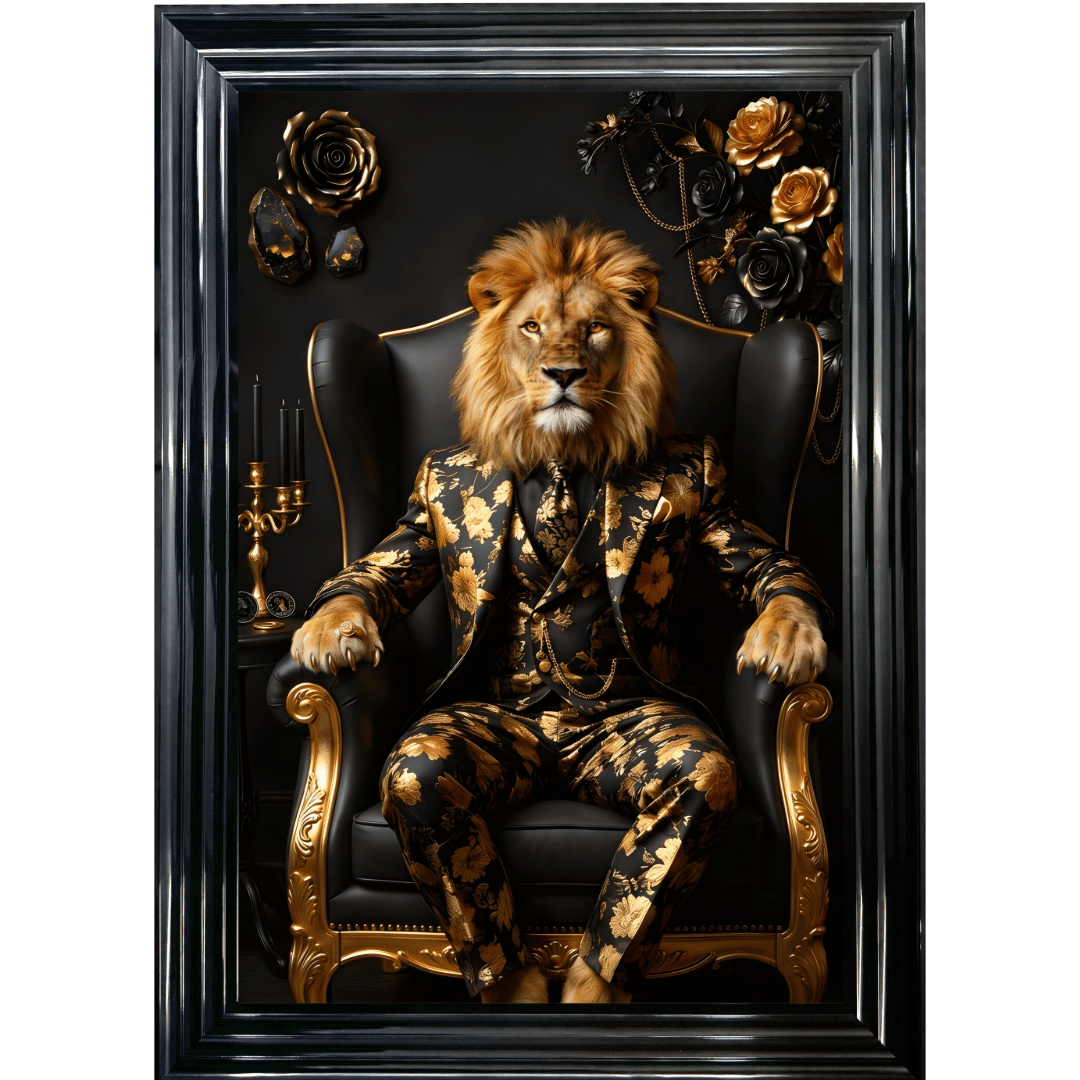 Untitled (13) Lion in Black and Gold floral suit - Luxury Framed Animal Wall Art