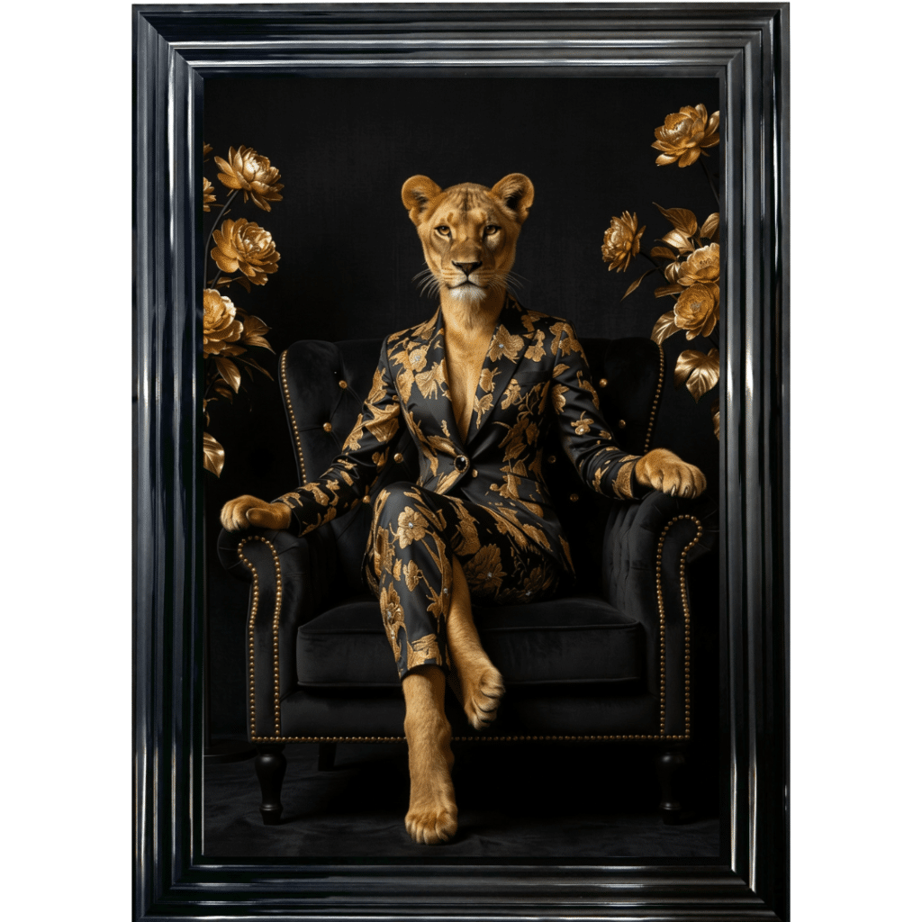 Lioness in Black and Gold floral suit - Luxury Framed Animal Wall Art