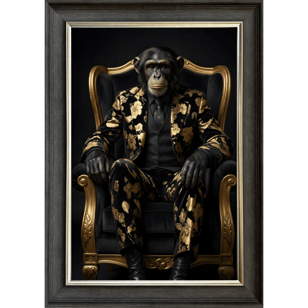 Chimp in Black and Gold floral suit - Luxury Framed Animal Wall Art