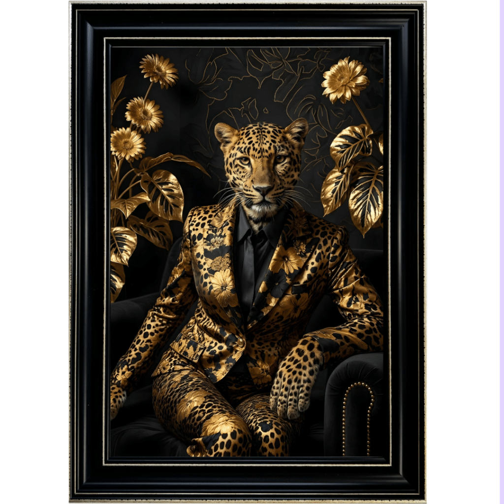 Female Leopard in Black and Gold floral suit in Black frame with Gold crackle