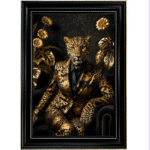 Female Leopard in Black and Gold floral suit in Black frame with Gold crackle