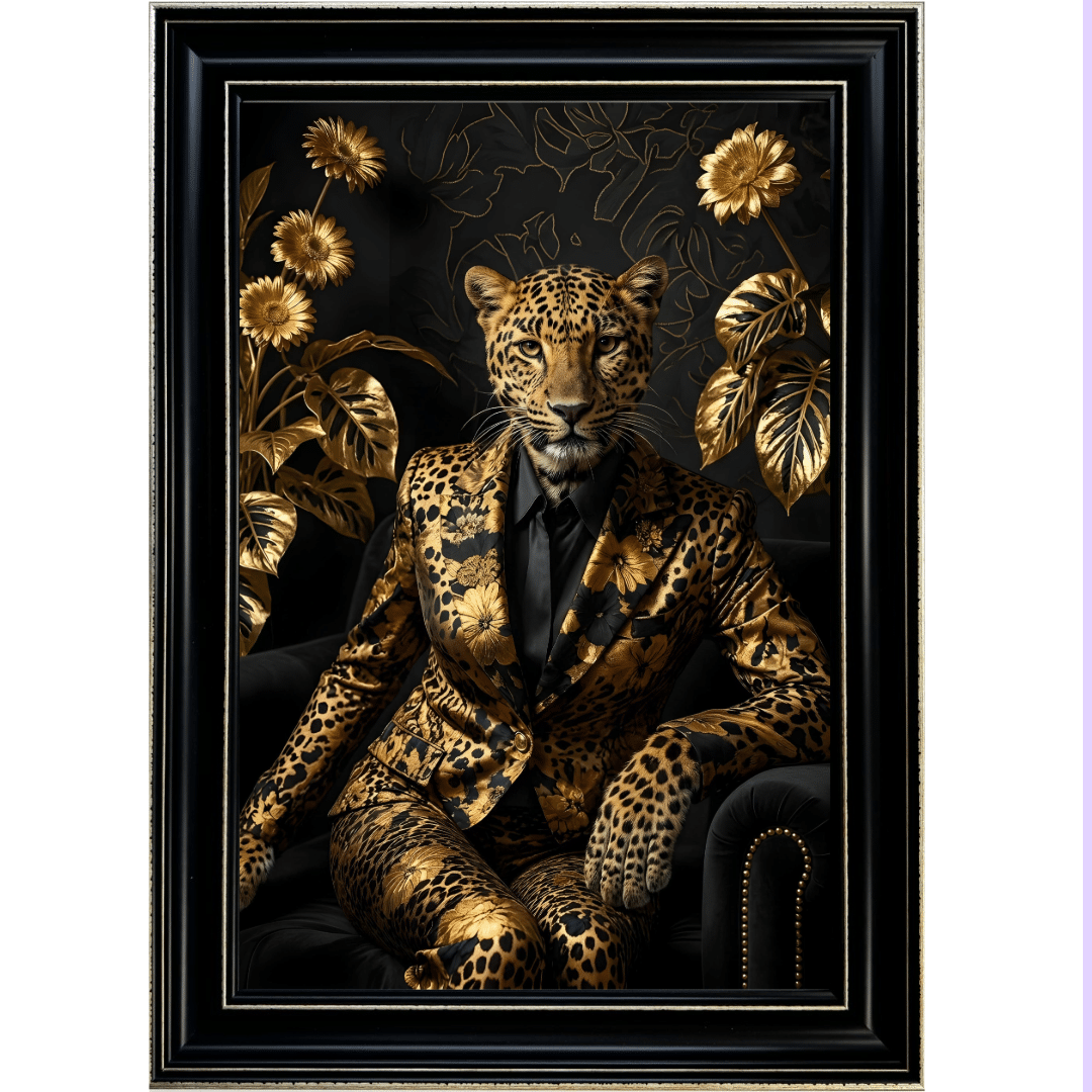Untitled - 2026-05-20T115631.765 Female Leopard in Black and Gold floral suit in Black frame with Gold crackle