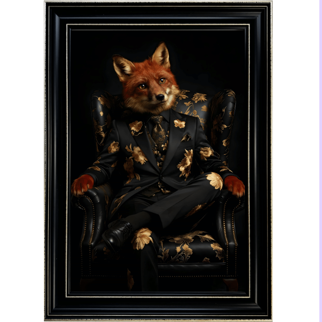 Fox in Black and Gold floral suit - Luxury Framed Animal Wall Art Fox in Black and Gold floral suit in Black frame with Gold crackle effect