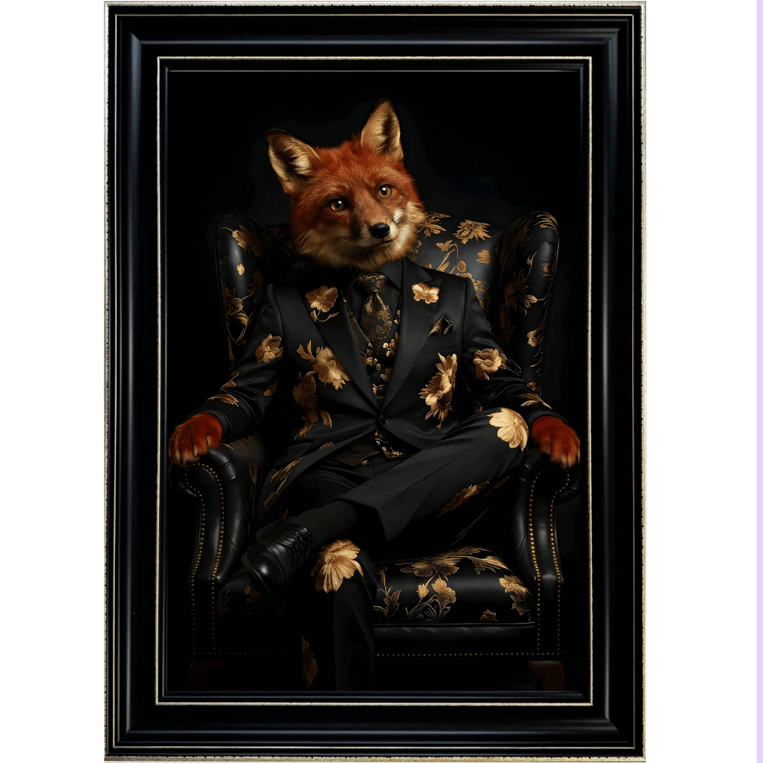Untitled - 2026-05-20T115810.383 Fox in Black and Gold floral suit - Luxury Framed Animal Wall Art Fox in Black and Gold floral suit in Black frame with Gold crackle effect