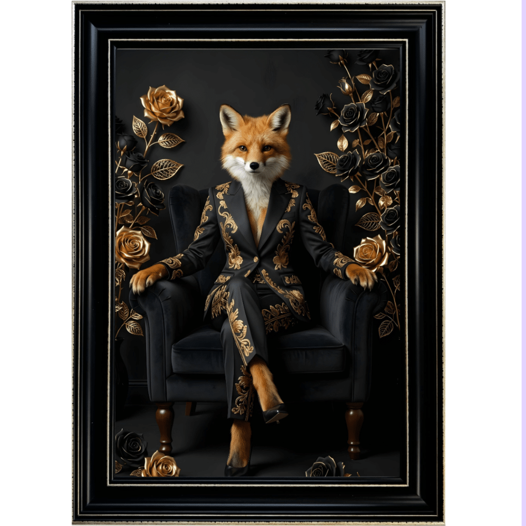 Female Fox in Black and Gold floral suit in Black frame with Gold crackle effect