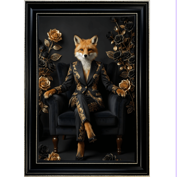 Female Fox in Black and Gold floral suit in Black frame with Gold crackle effect