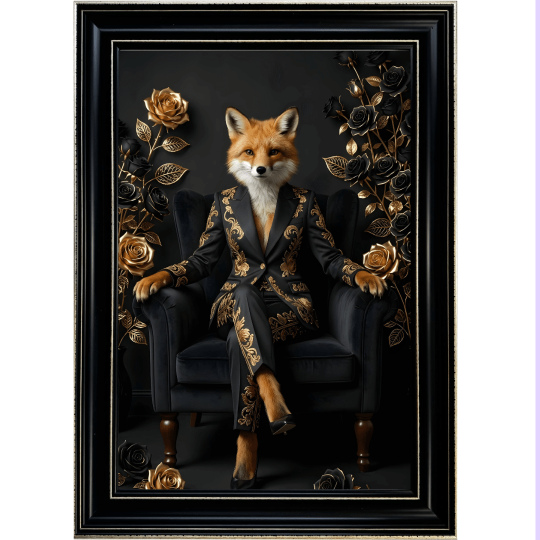 Untitled - 2026-05-20T115824.714 Female Fox in Black and Gold floral suit in Black frame with Gold crackle effect