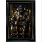 Gorilla in Black and Gold floral suit in a Black frame with gold crackle effect