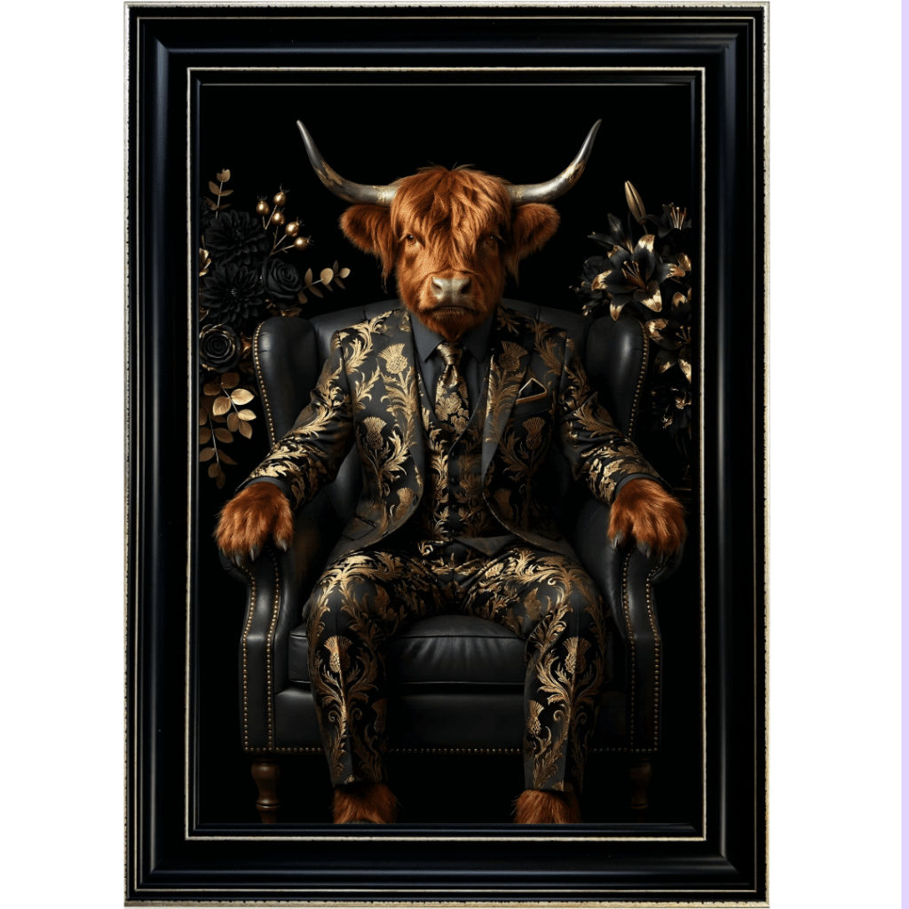 The Highland Cow in Black and Gold floral suit in Black frame with Gold crackle effect