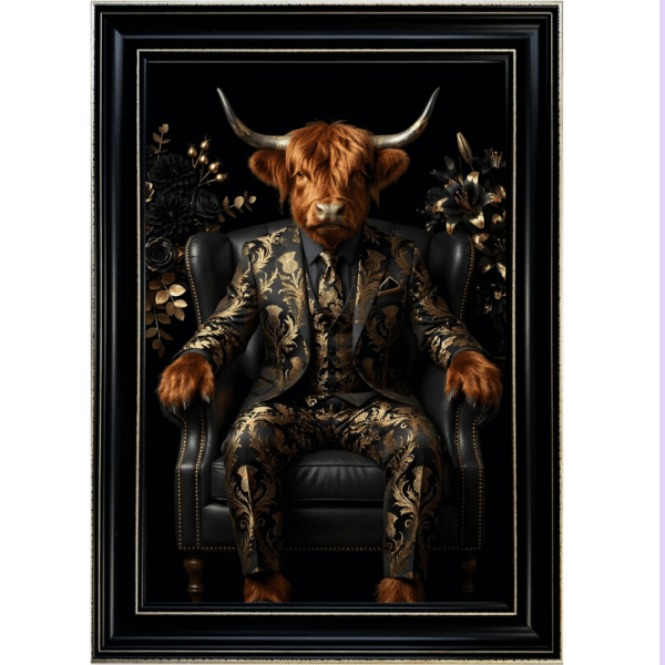 The Highland Cow in Black and Gold floral suit in Black frame with Gold crackle effect