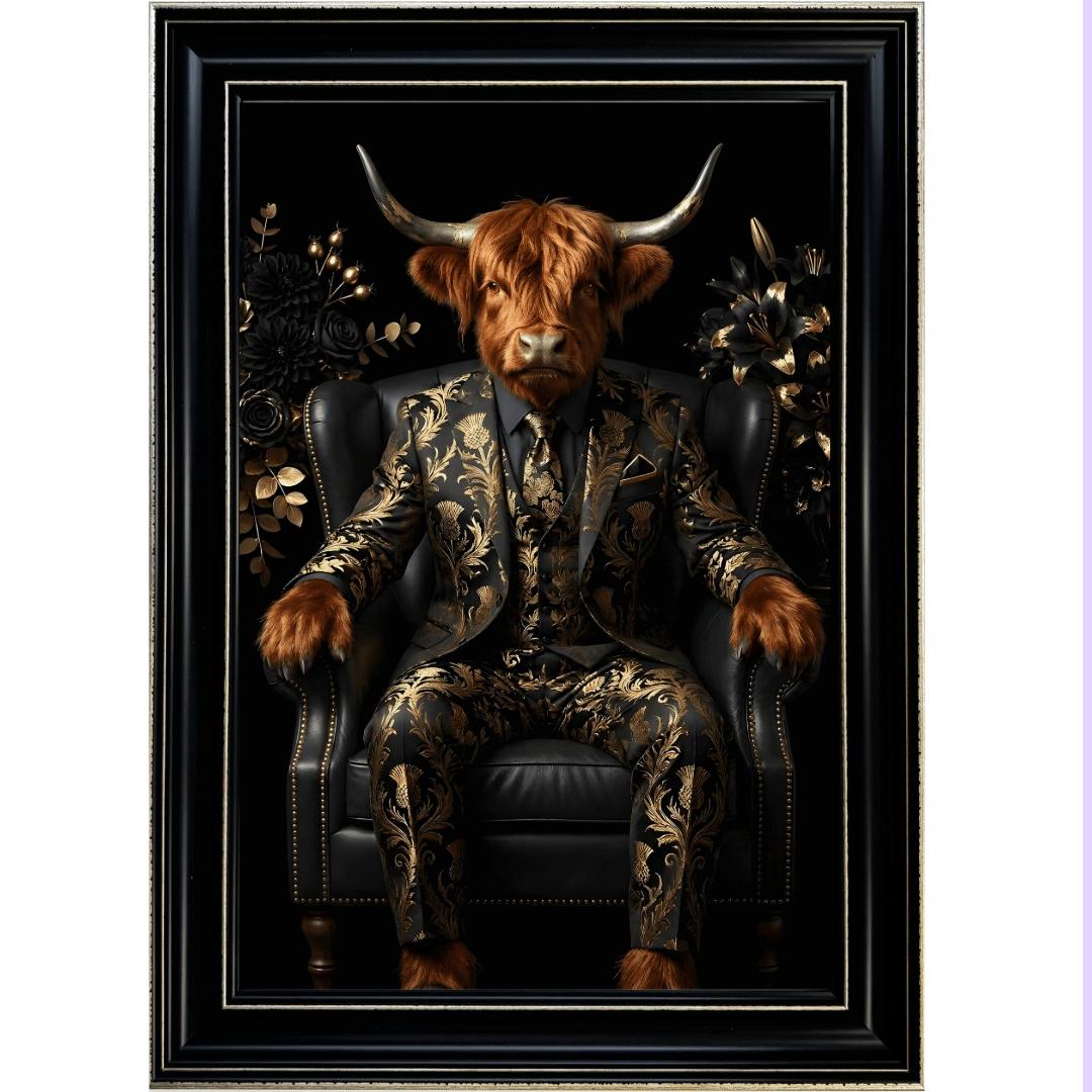 Untitled - 2026-05-20T115916.348 The Highland Cow in Black and Gold floral suit in Black frame with Gold crackle effect