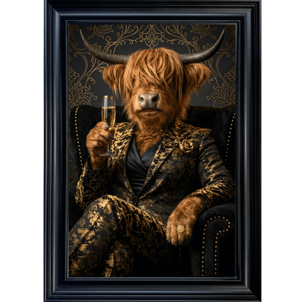 Female Highland Cow Wall Art | Black & Gold | Whitesplash