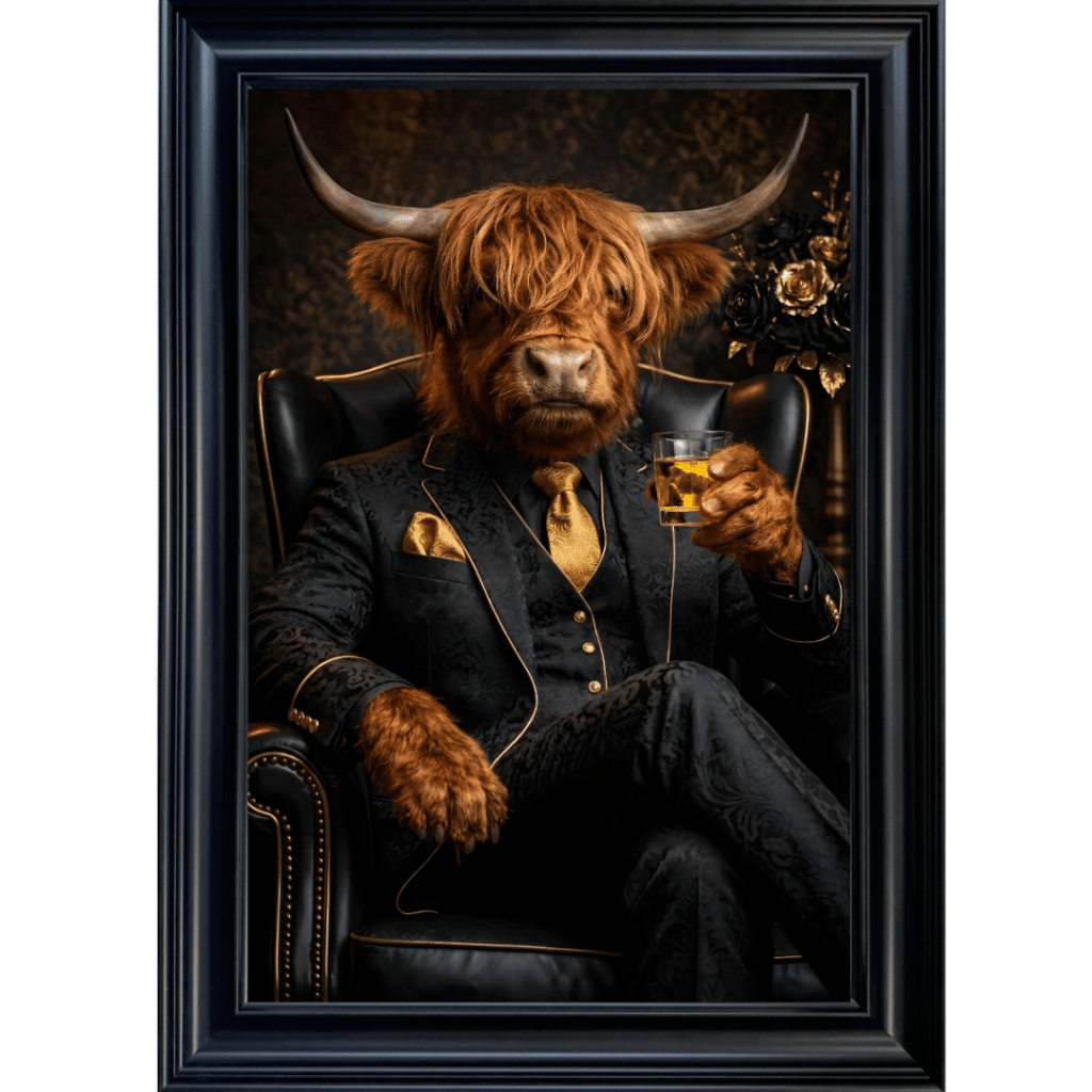 Highland Cow in Black and Gold floral suit - Luxury Framed Animal Wall Art